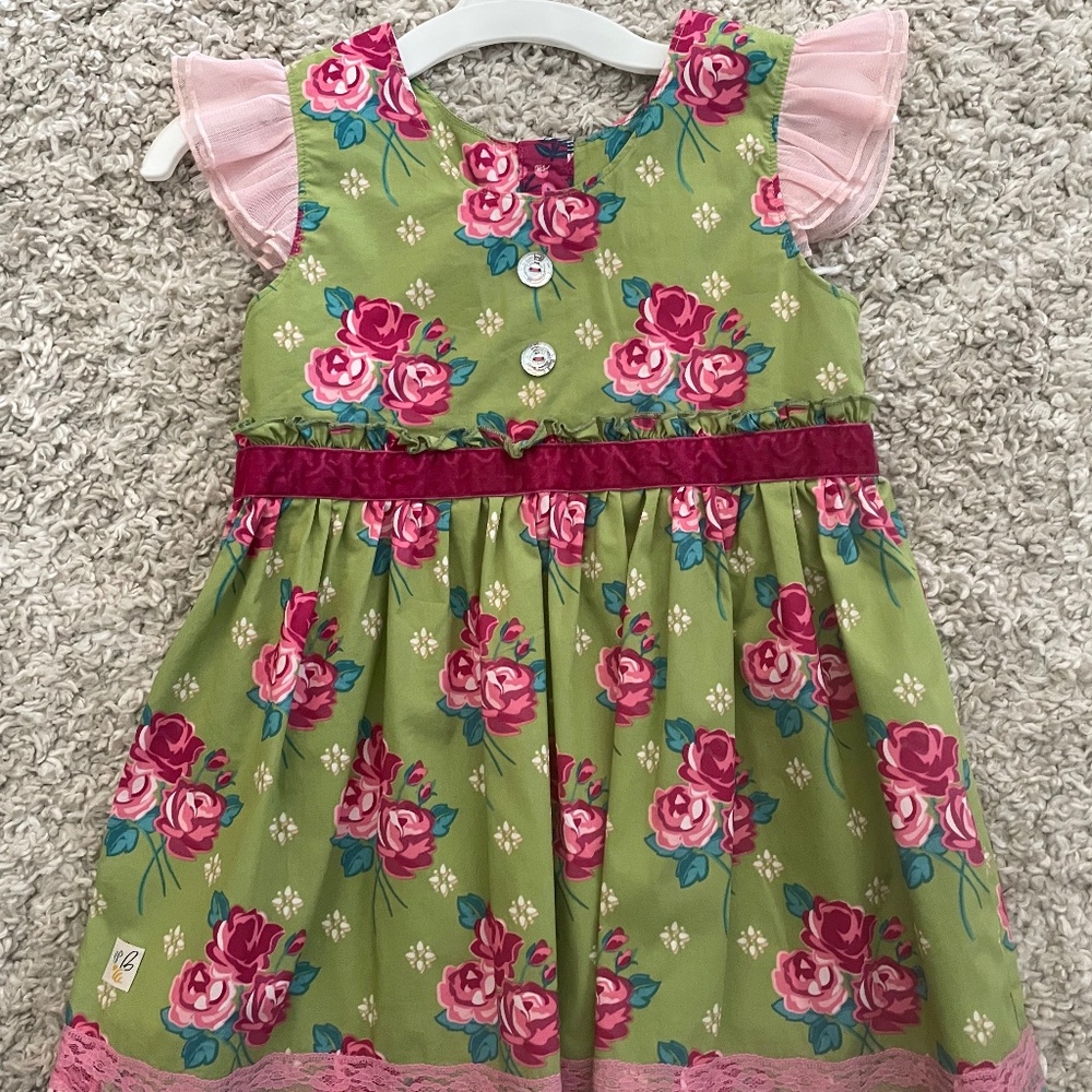 Wildflowers Green Floral Dress with Pink Roses and Pink Sleeves